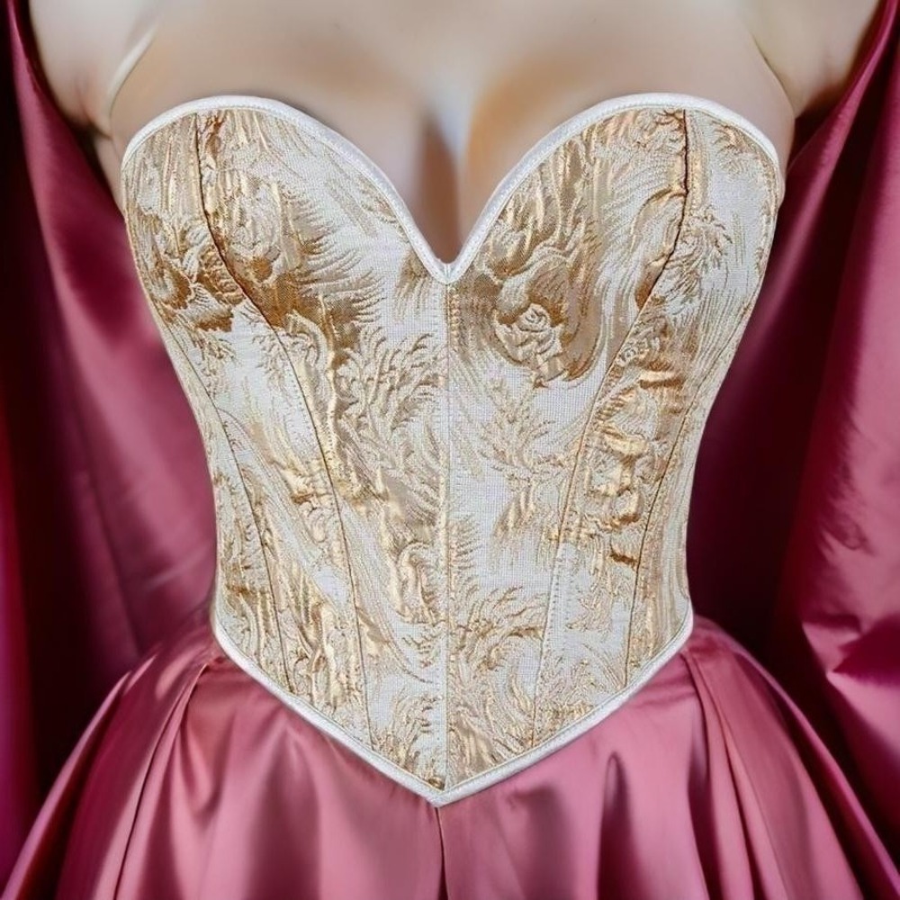 New Large Ivory Gold Metallic Jacquard Lace Up Sweetheart Corset Bustier Regency